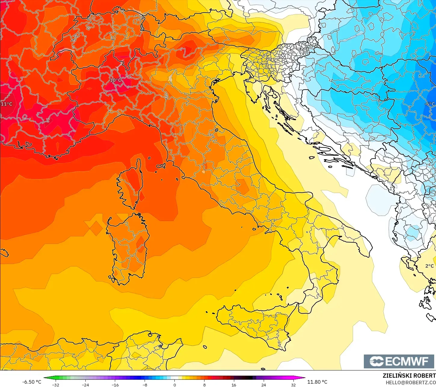 ECMWF IFS 0.25° modelo - Italy, Temperature at 850hPa Anomaly