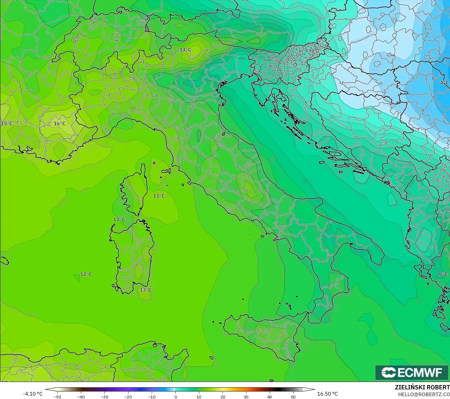 ECMWF IFS 0.25° model - Itali, Suhu 850 hPa
