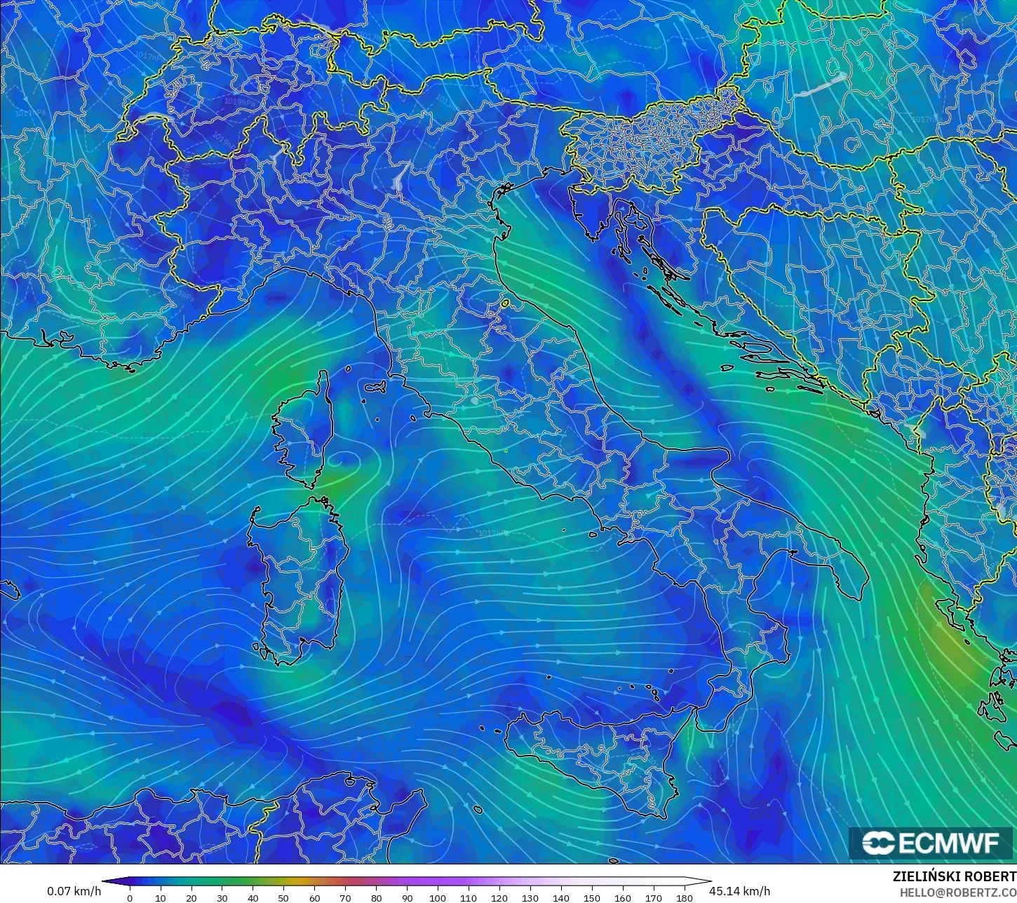 ECMWF IFS 0.25° model - Itali, Angin 10 m