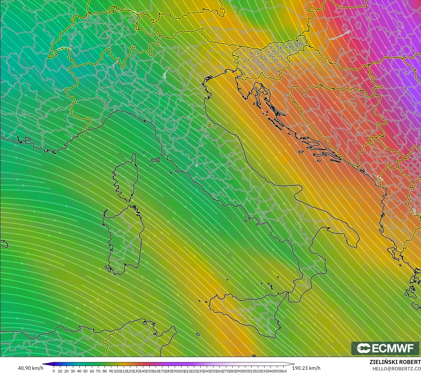 ECMWF IFS 0.25° modelo - Italy, Wind at 300hPa (jet stream)