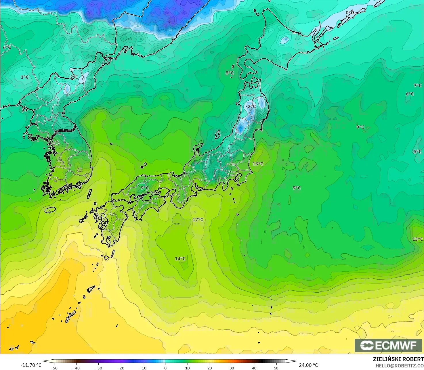 ECMWF IFS 0.25° modelo - Japan, Dewpoint at 2m