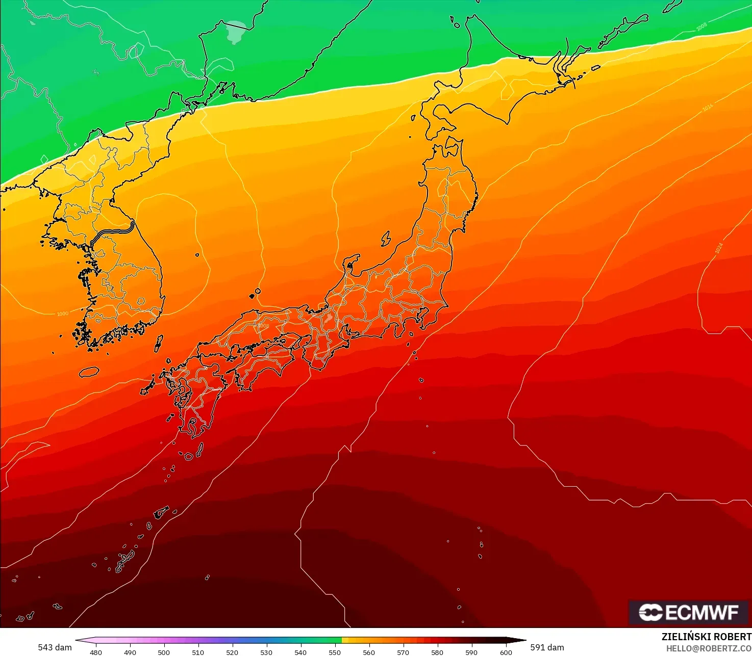 ECMWF IFS 0.25° modelo - Japan, Geopotential height at 500hPa