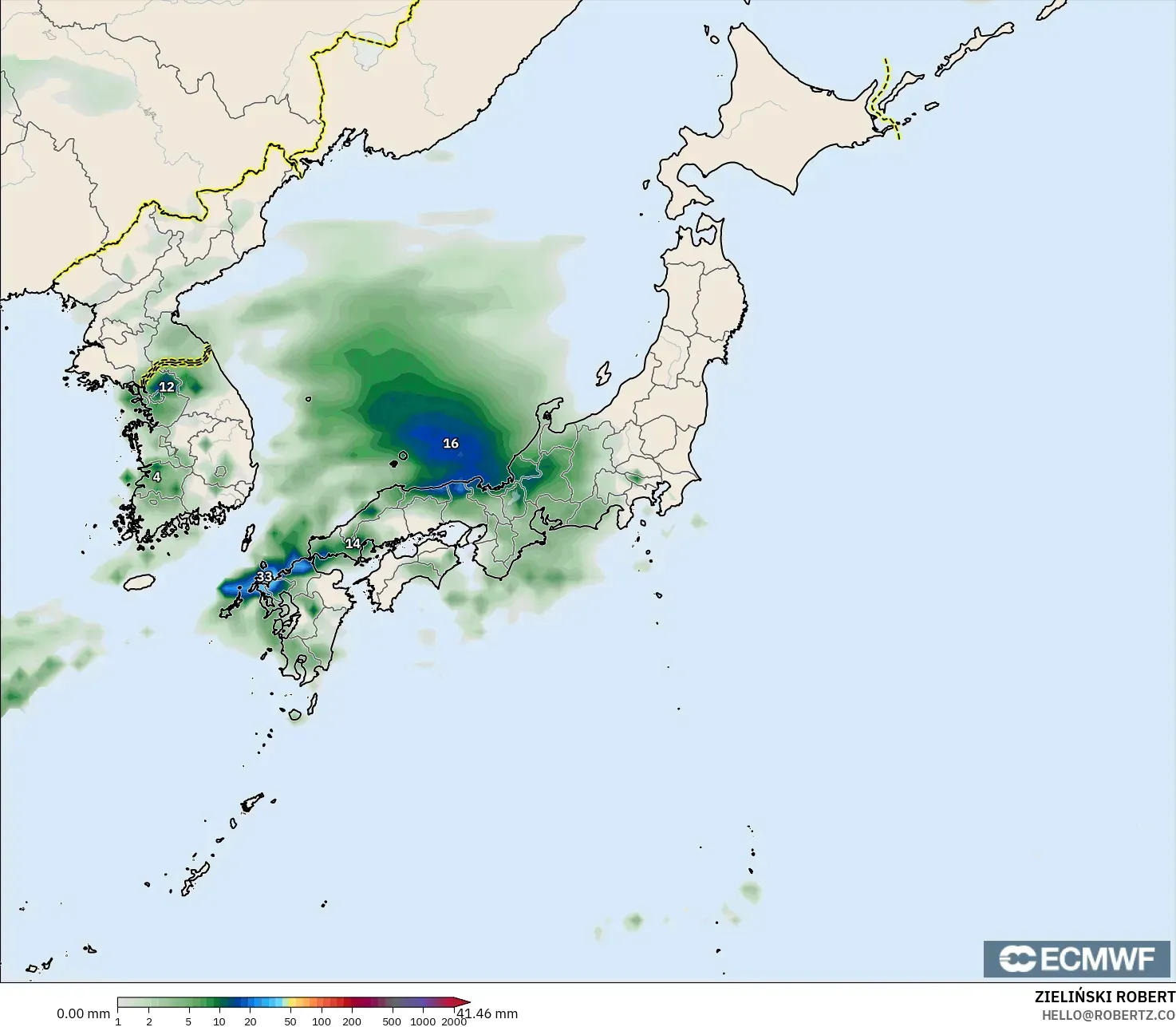 ECMWF IFS 0.25° modelo - Japan, Precipitation Accumulation