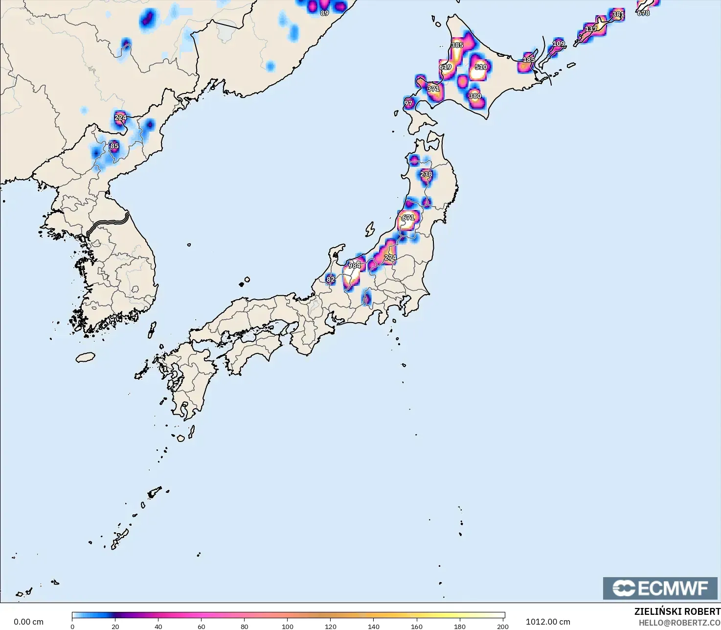 ECMWF IFS 0.25° modelo - Japan, Snow Depth