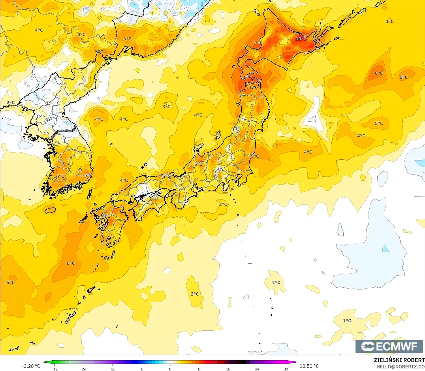 ECMWF IFS 0.25° model - Jepun, Anomali Suhu 2 m