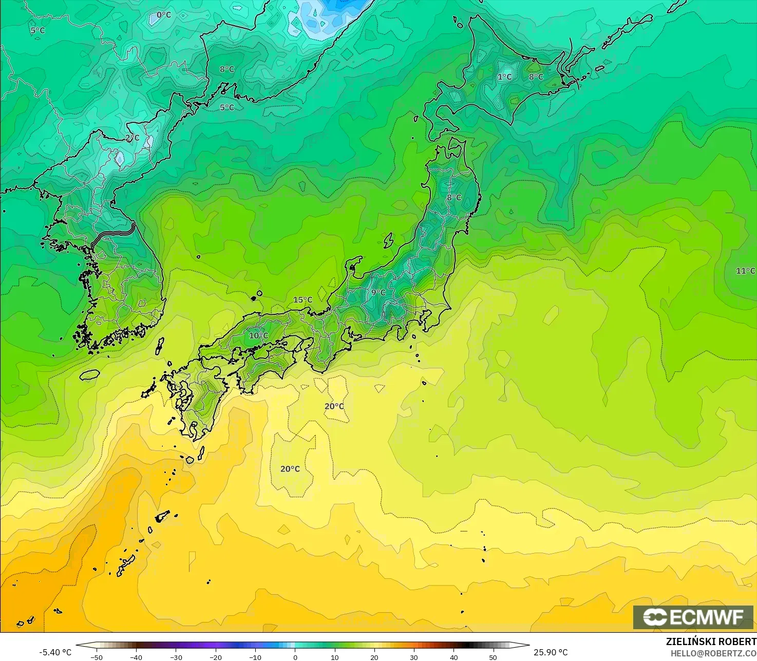 ECMWF IFS 0.25° modelo - Japan, Temperature at 2m