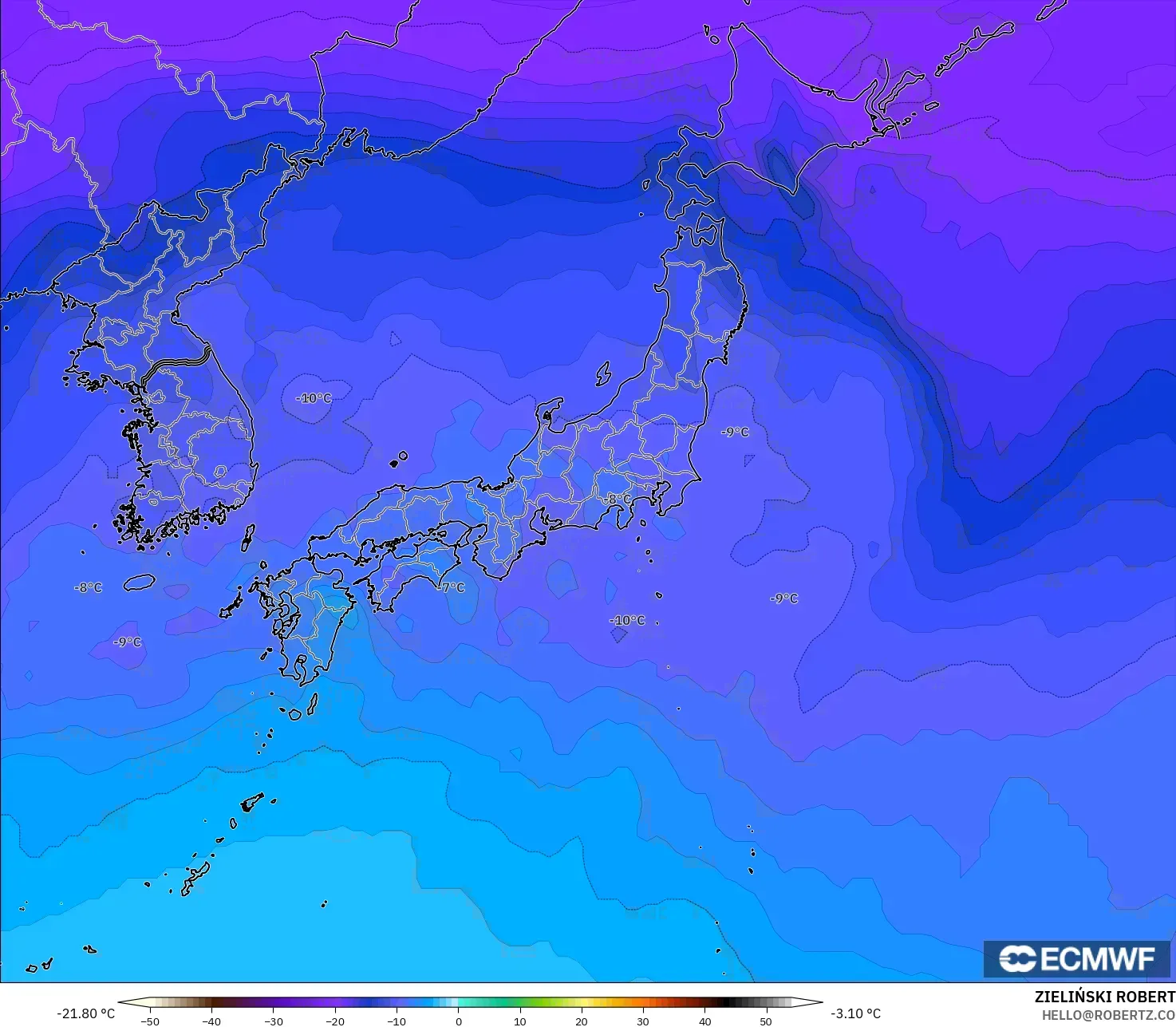 ECMWF IFS 0.25° modelo - Japan, Temperature at 500hPa