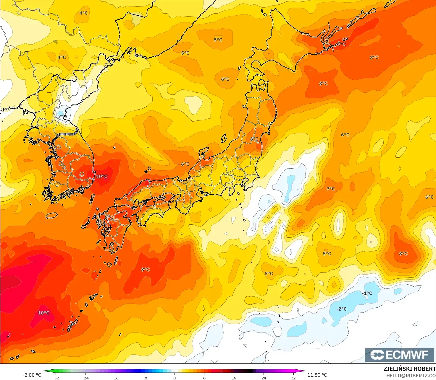 ECMWF IFS 0.25° modelo - Japan, Temperature at 850hPa Anomaly