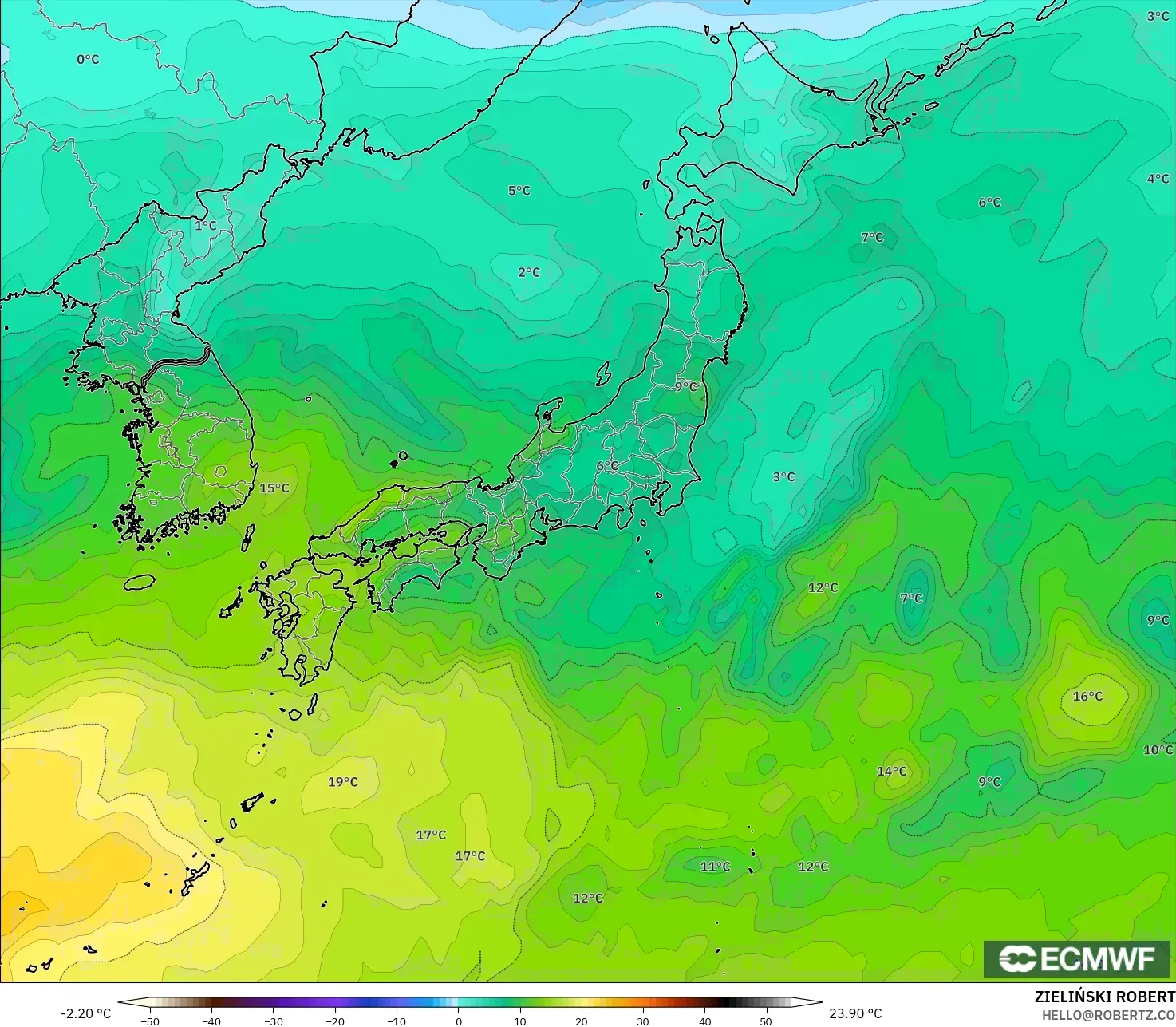 ECMWF IFS 0.25° modelo - Japan, Temperature at 850hPa