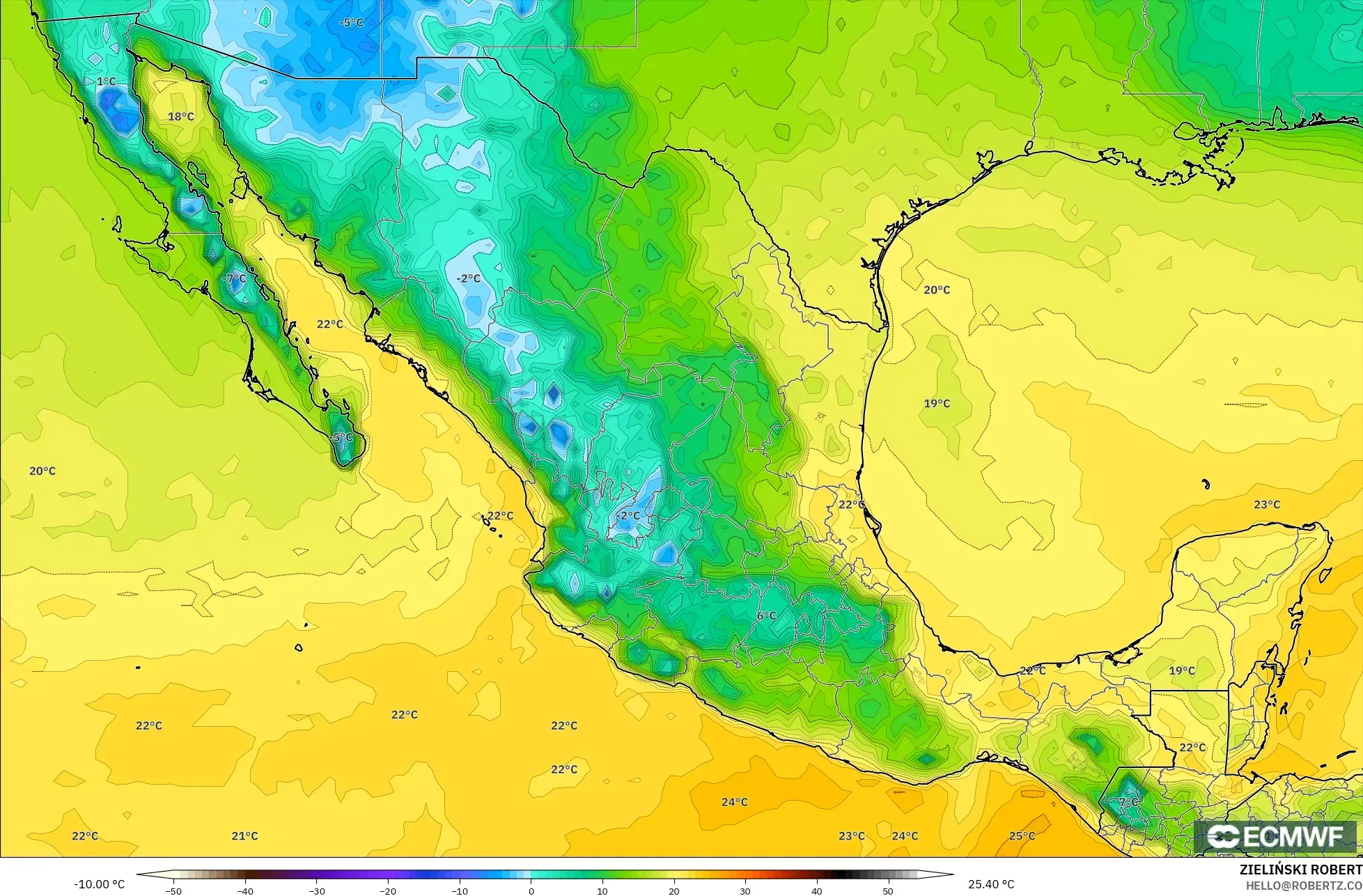 ECMWF IFS 0.25° modelo - Mexico, Dewpoint at 2m