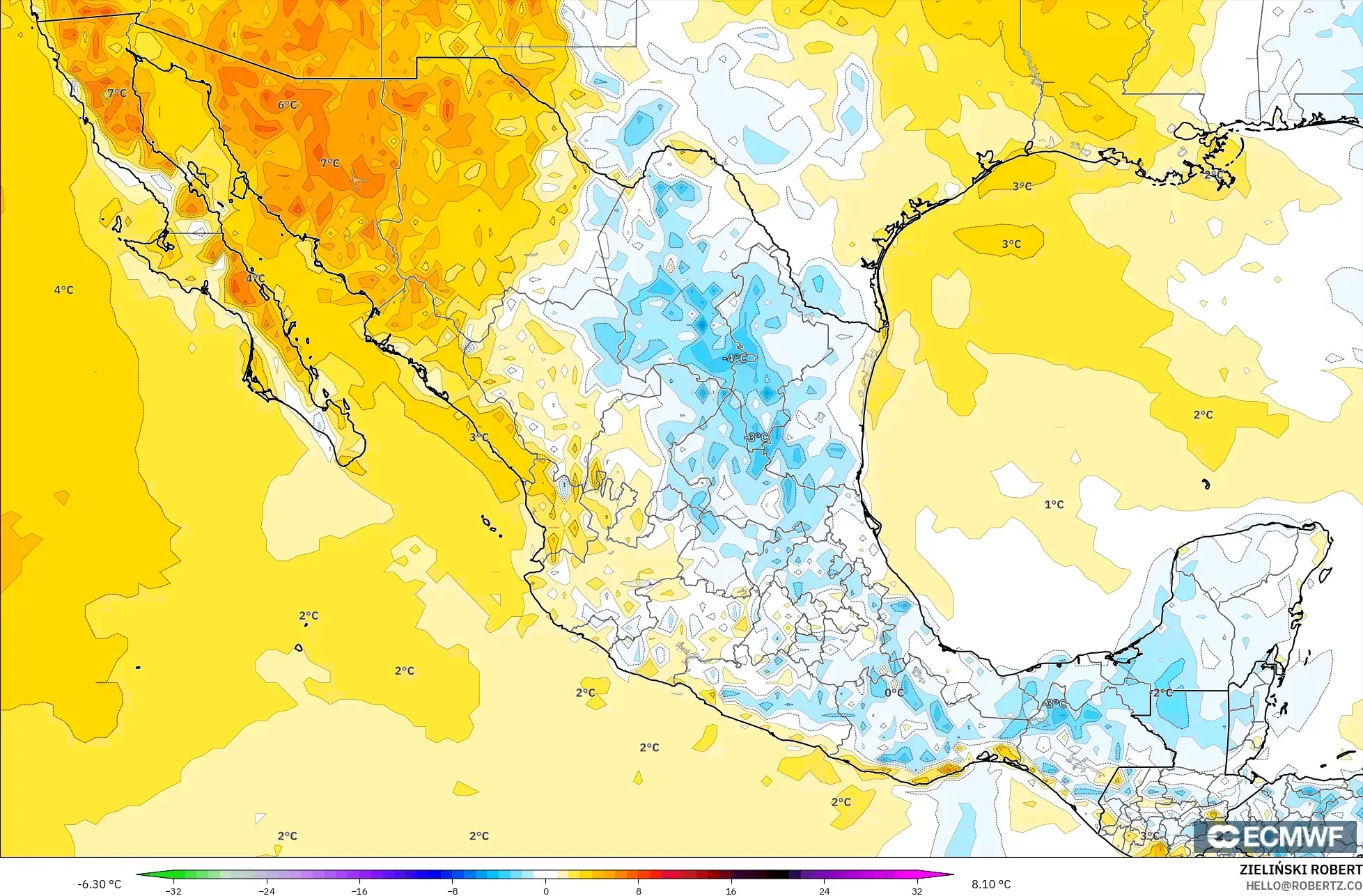 ECMWF IFS 0.25° modelo - Mexico, Temperature at 2m Anomaly