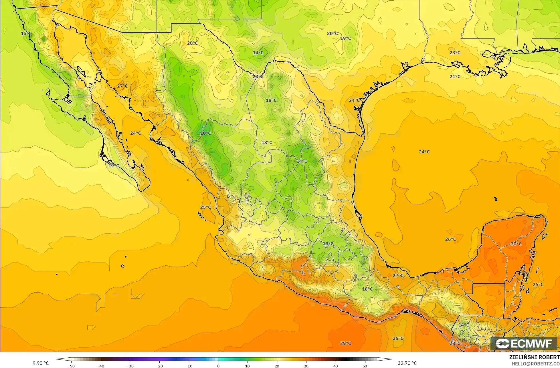 ECMWF IFS 0.25° modelo - Mexico, Temperature at 2m