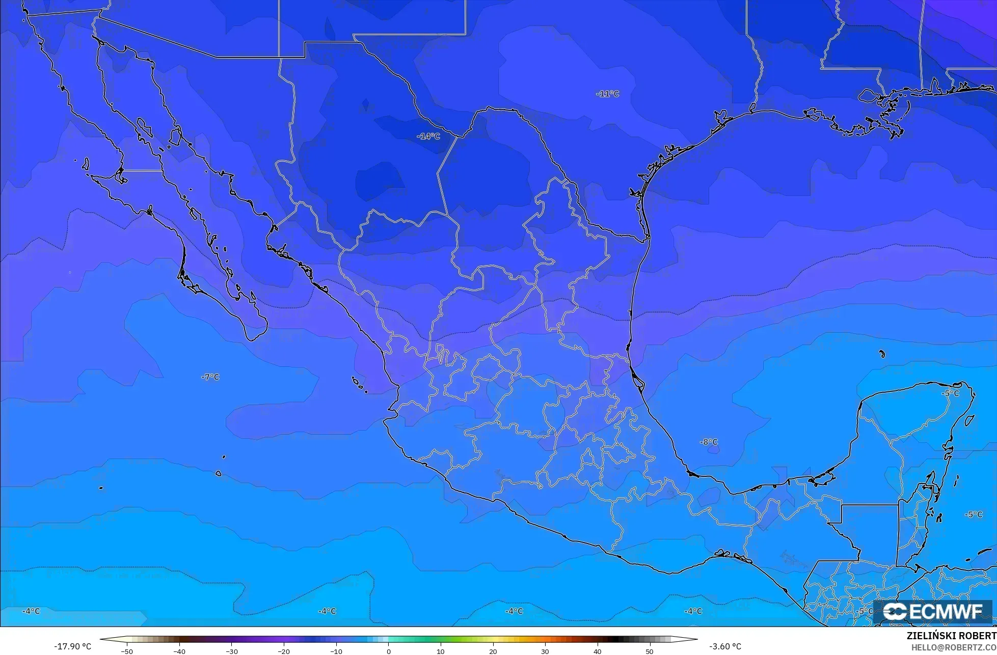 ECMWF IFS 0.25° model - Mexico, Suhu 500 hPa