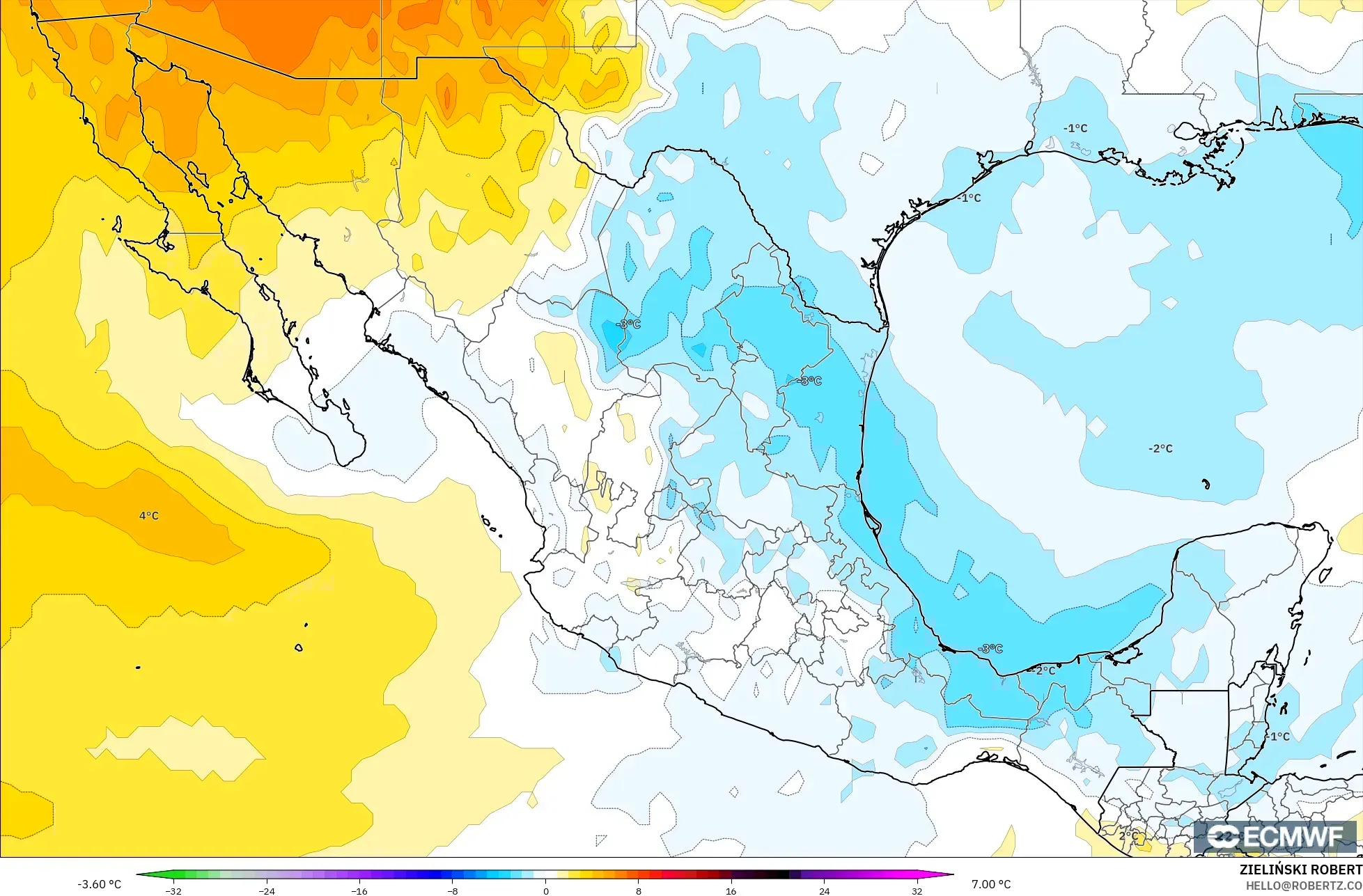 ECMWF IFS 0.25° model - Mexico, Anomali Suhu 850 hPa