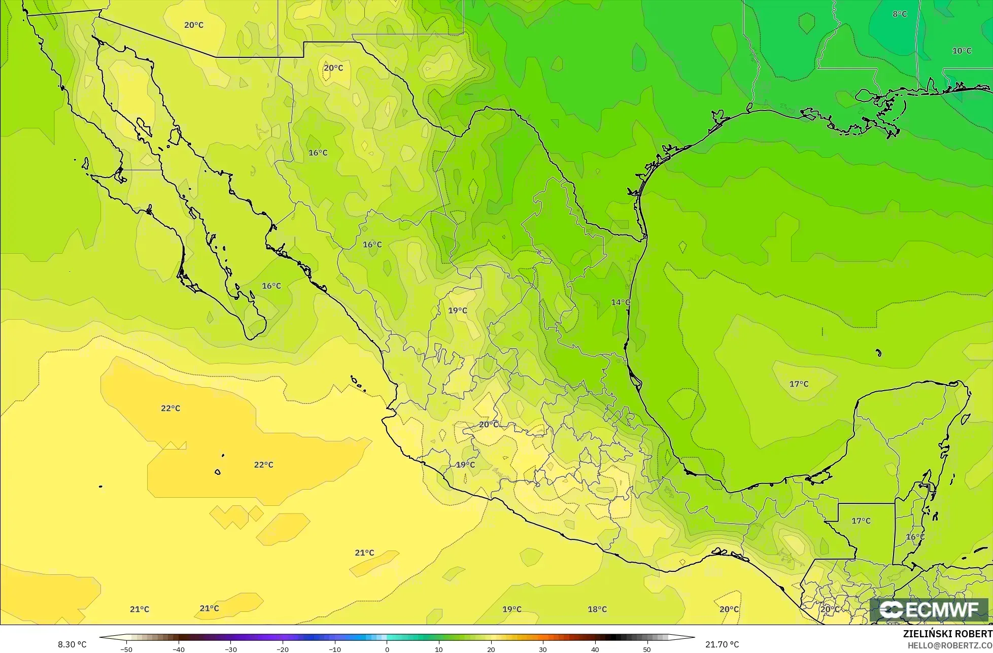 ECMWF IFS 0.25° model - Mexico, Suhu 850 hPa