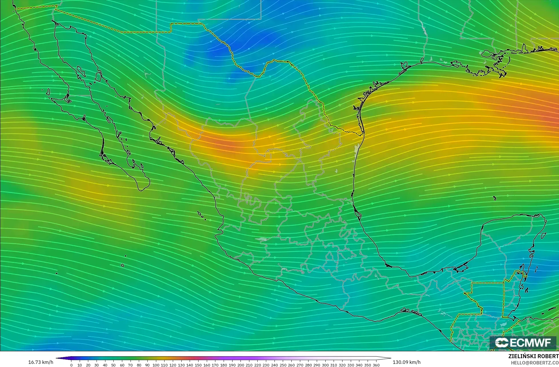 ECMWF IFS 0.25° model - Mexico, Angin 300 hPa (aliran jet)