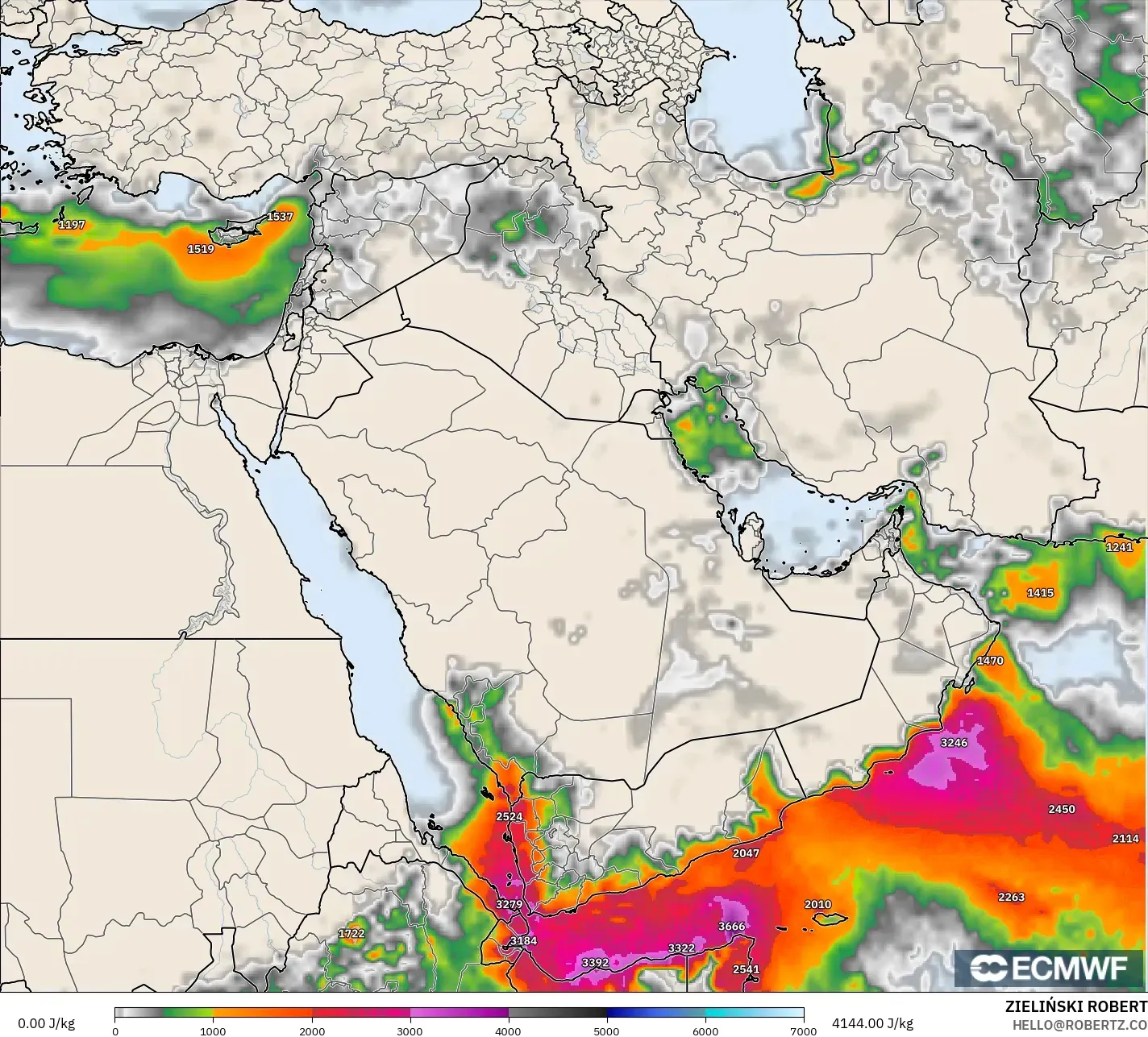 ECMWF IFS 0.25° model - Timur Tengah, CAPE