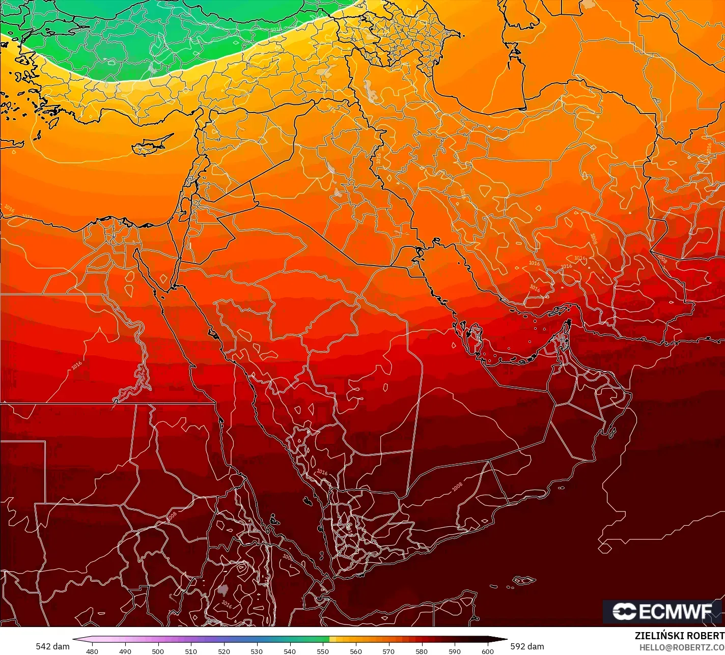 ECMWF IFS 0.25° modelo - Middle East, Geopotential height at 500hPa