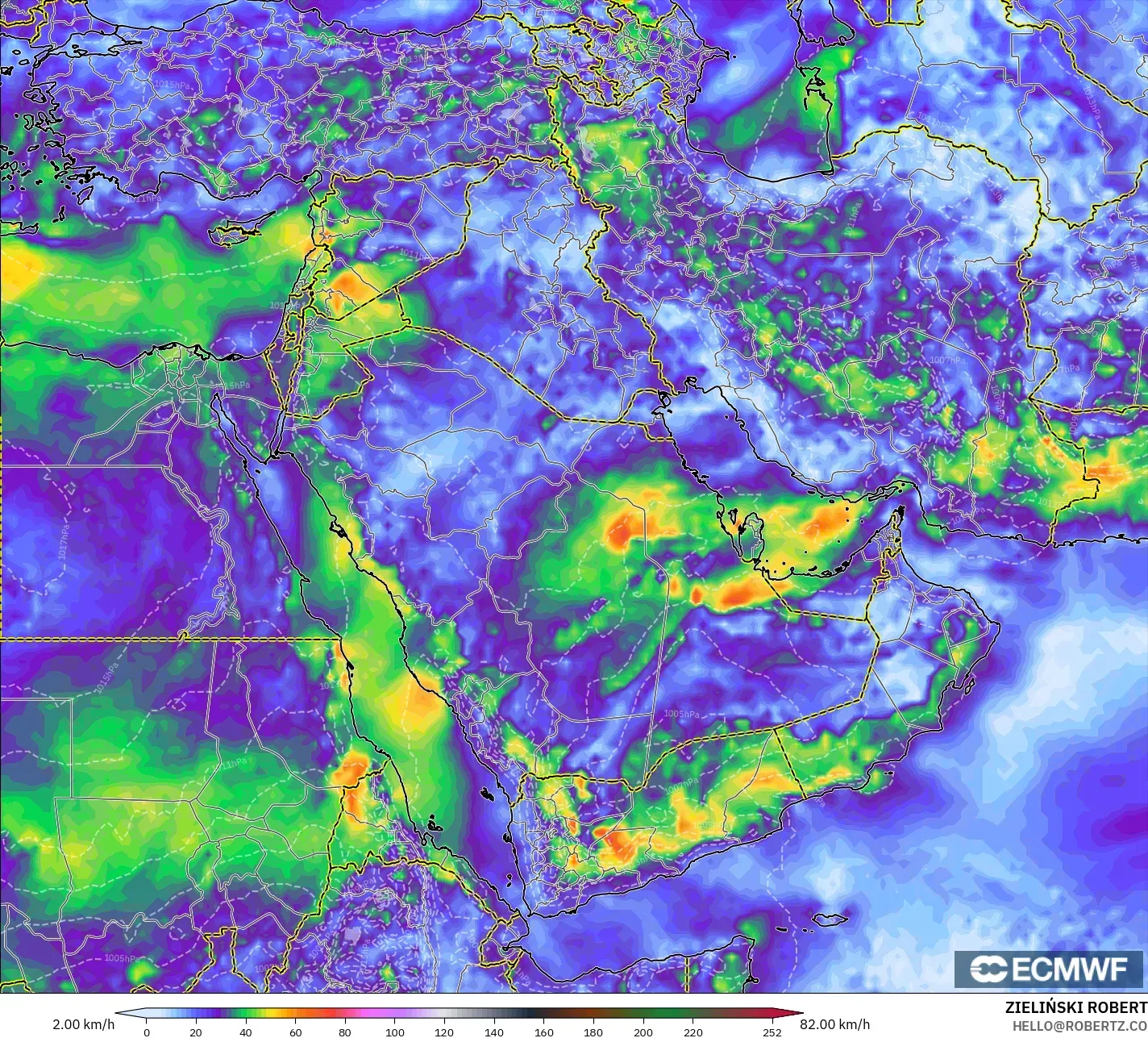 ECMWF IFS 0.25° model - Timur Tengah, Hembusan Angin