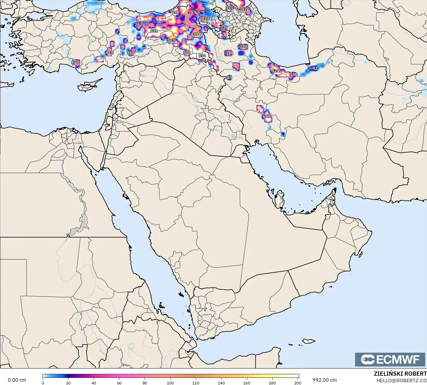 ECMWF IFS 0.25° model - Timur Tengah, Ketebalan Salji