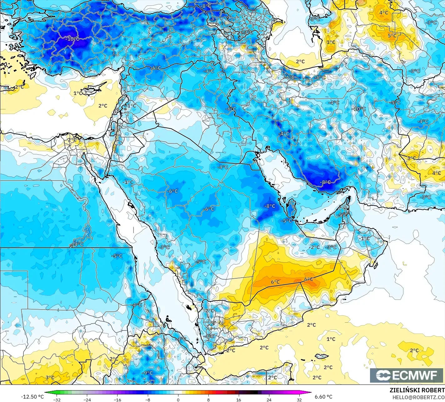 ECMWF IFS 0.25° modelo - Middle East, Temperature at 2m Anomaly