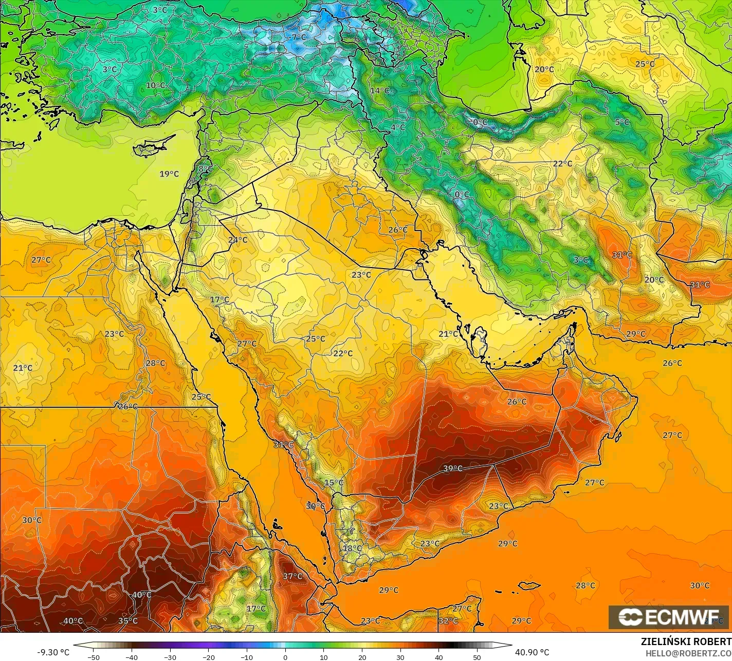 ECMWF IFS 0.25° model - Timur Tengah, Suhu pada 2 m