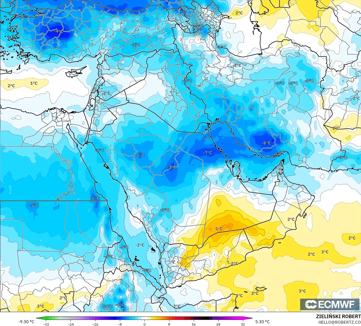 ECMWF IFS 0.25° modelo - Middle East, Temperature at 850hPa Anomaly