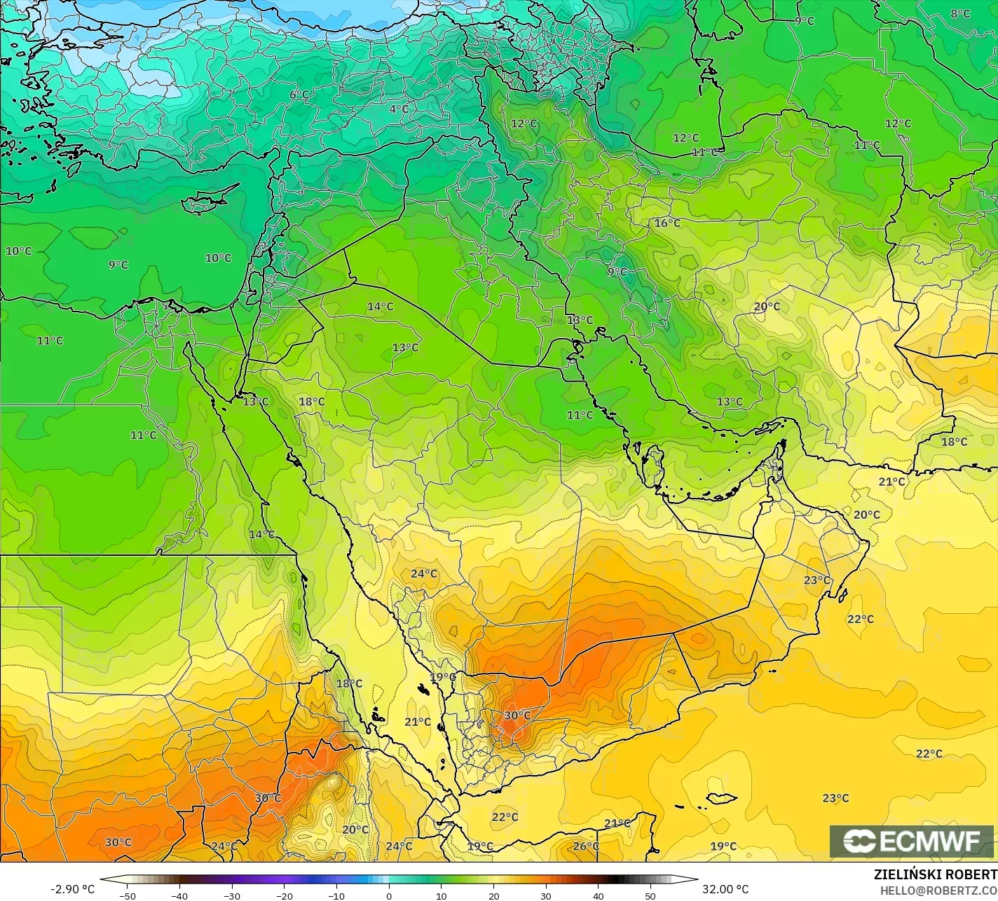 ECMWF IFS 0.25° model - Timur Tengah, Suhu 850 hPa