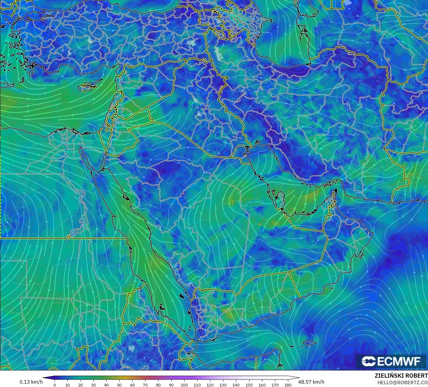 ECMWF IFS 0.25° model - Timur Tengah, Angin 10 m
