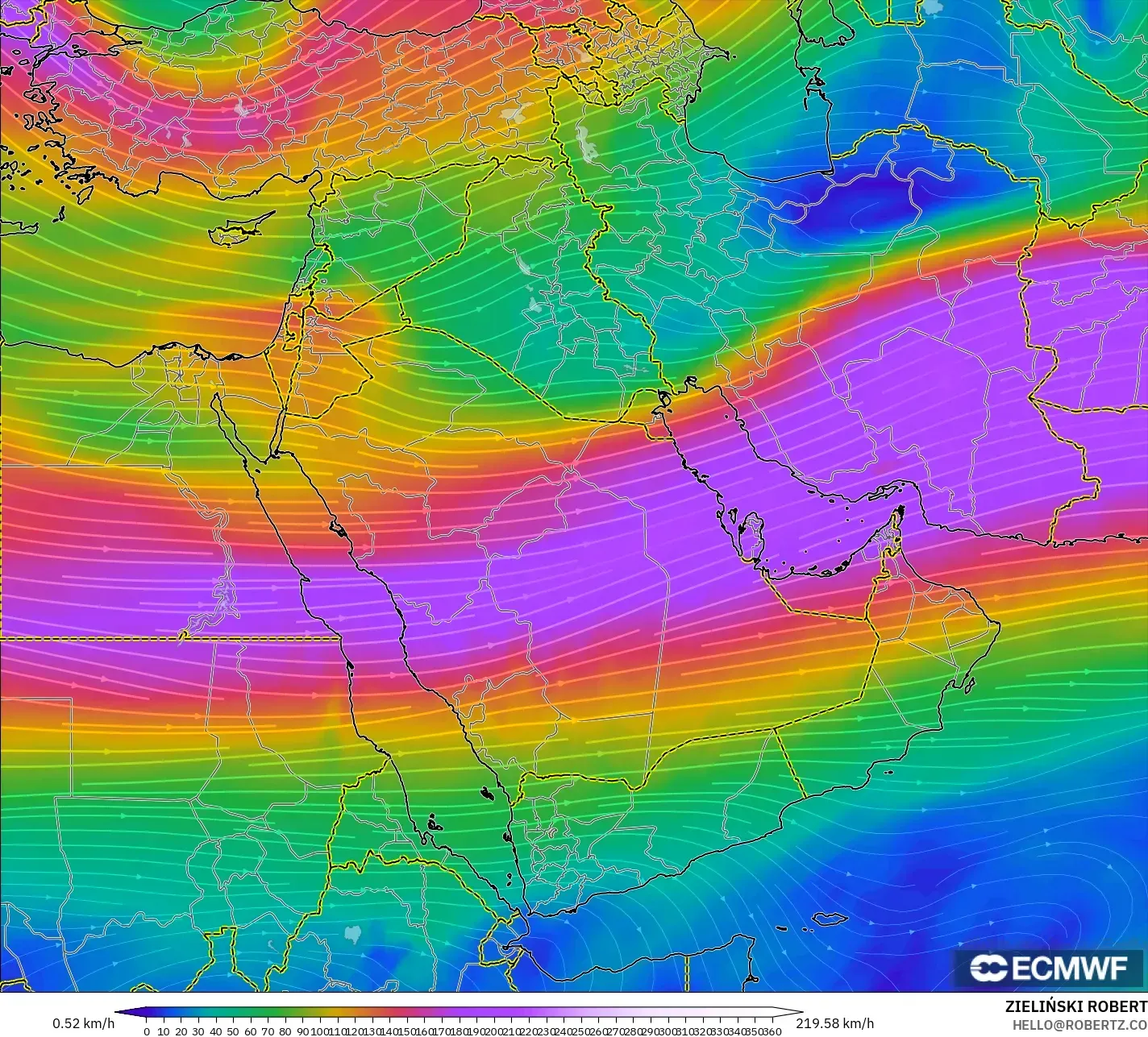 ECMWF IFS 0.25° modelo - Middle East, Wind at 300hPa (jet stream)