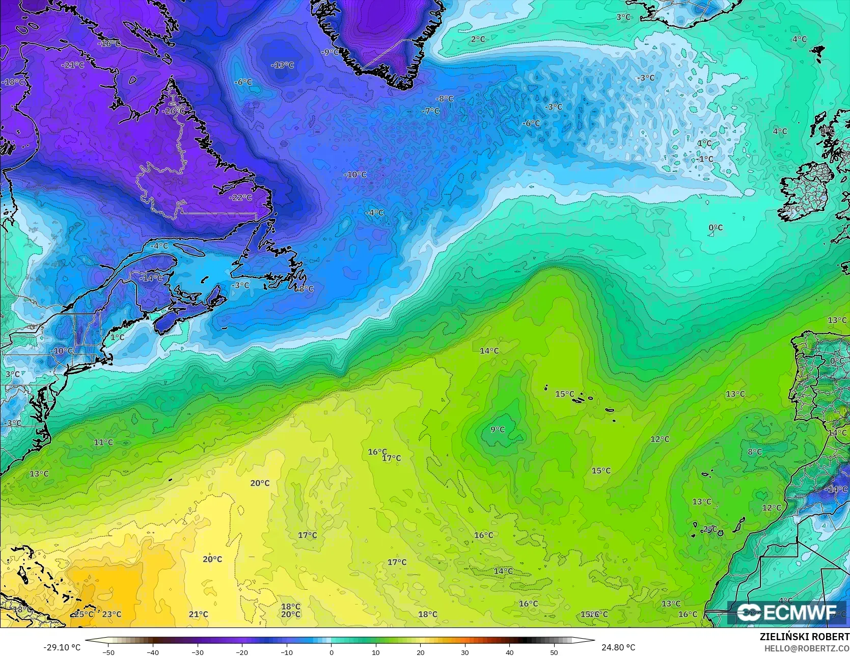 ECMWF IFS 0.25° modelo - North Atlantic, Dewpoint at 2m