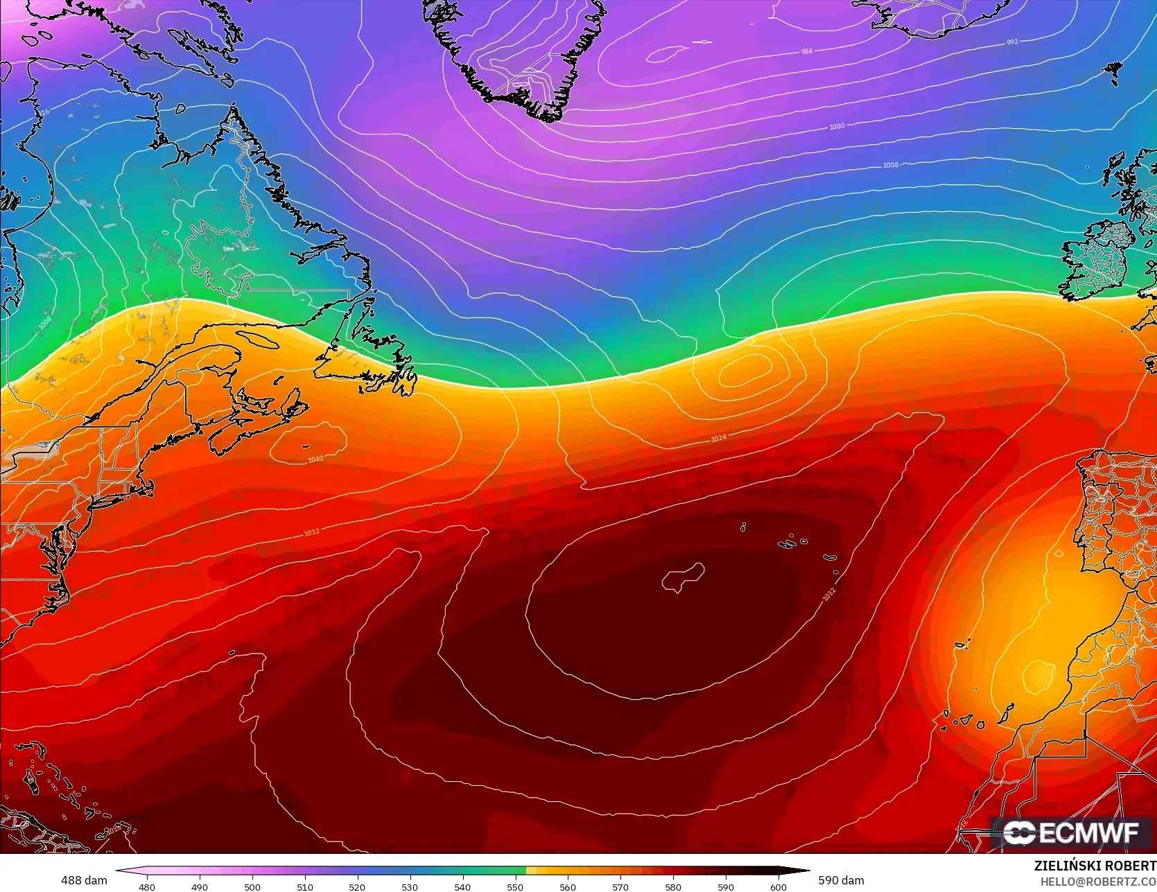 ECMWF IFS 0.25° modelo - North Atlantic, Geopotential height at 500hPa