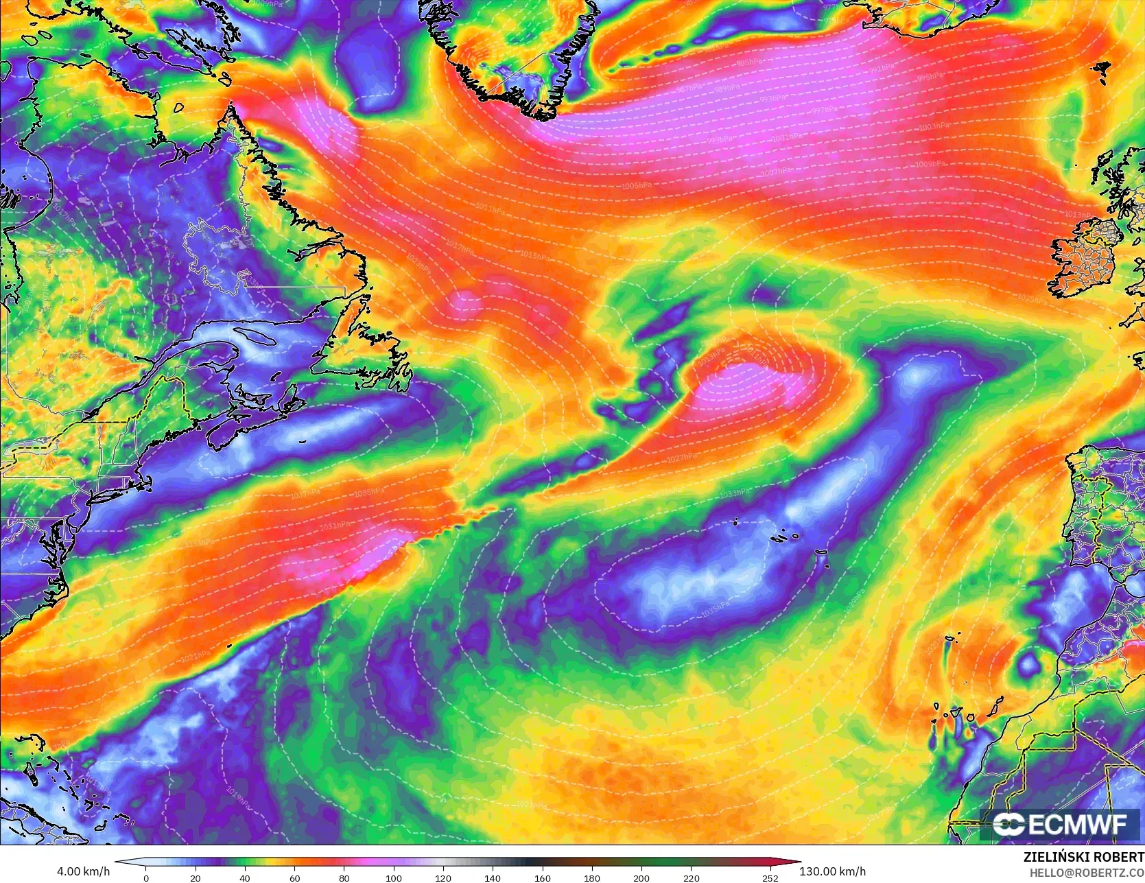 ECMWF IFS 0.25° model - Atlantik Utara, Hembusan Angin