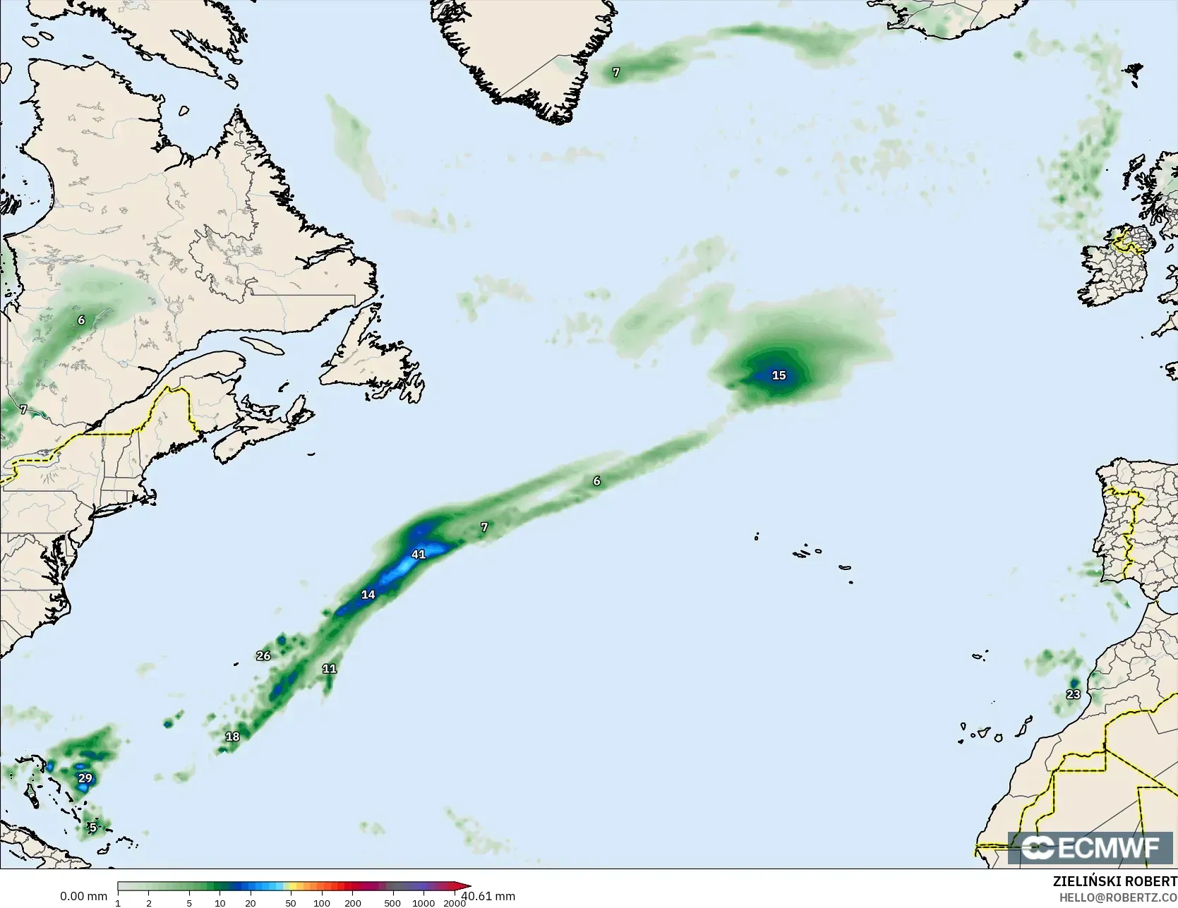 ECMWF IFS 0.25° modelo - North Atlantic, Precipitation Accumulation