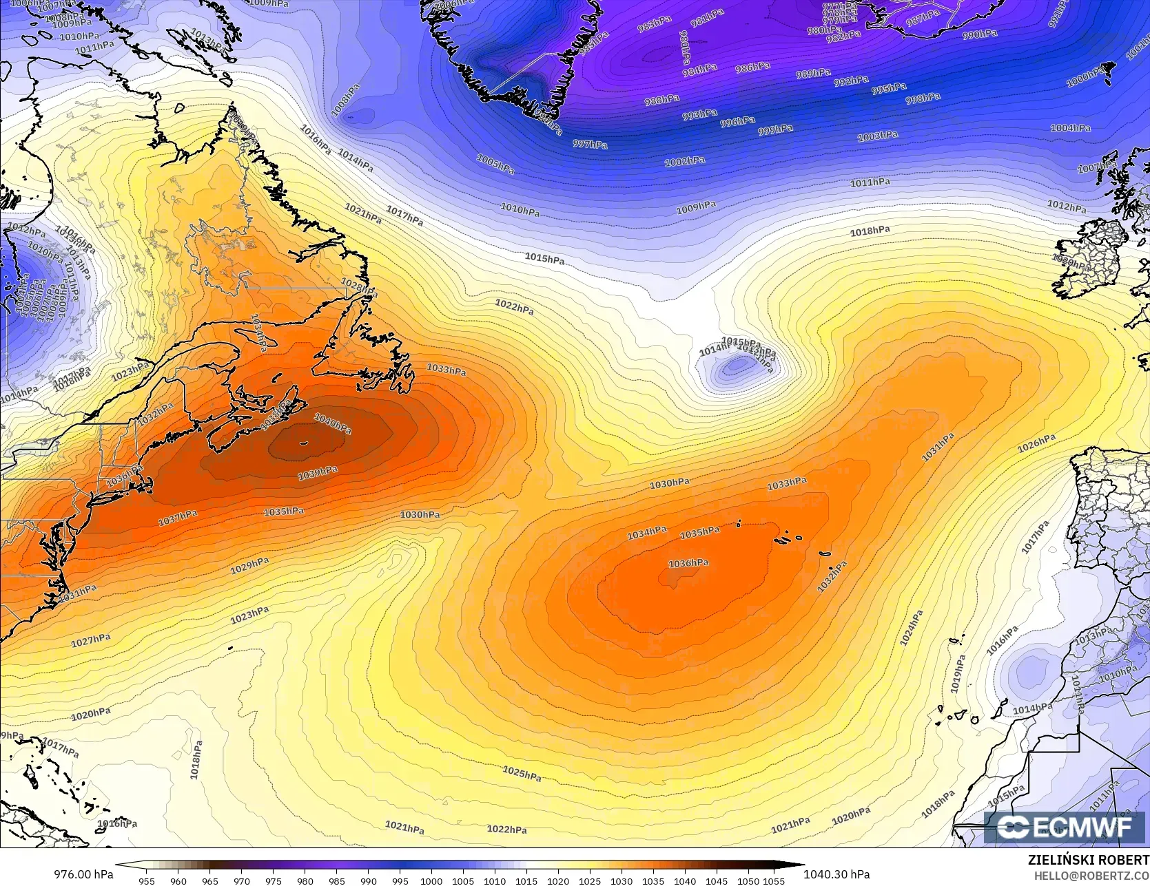 ECMWF IFS 0.25° model - Atlantik Utara, Tekanan