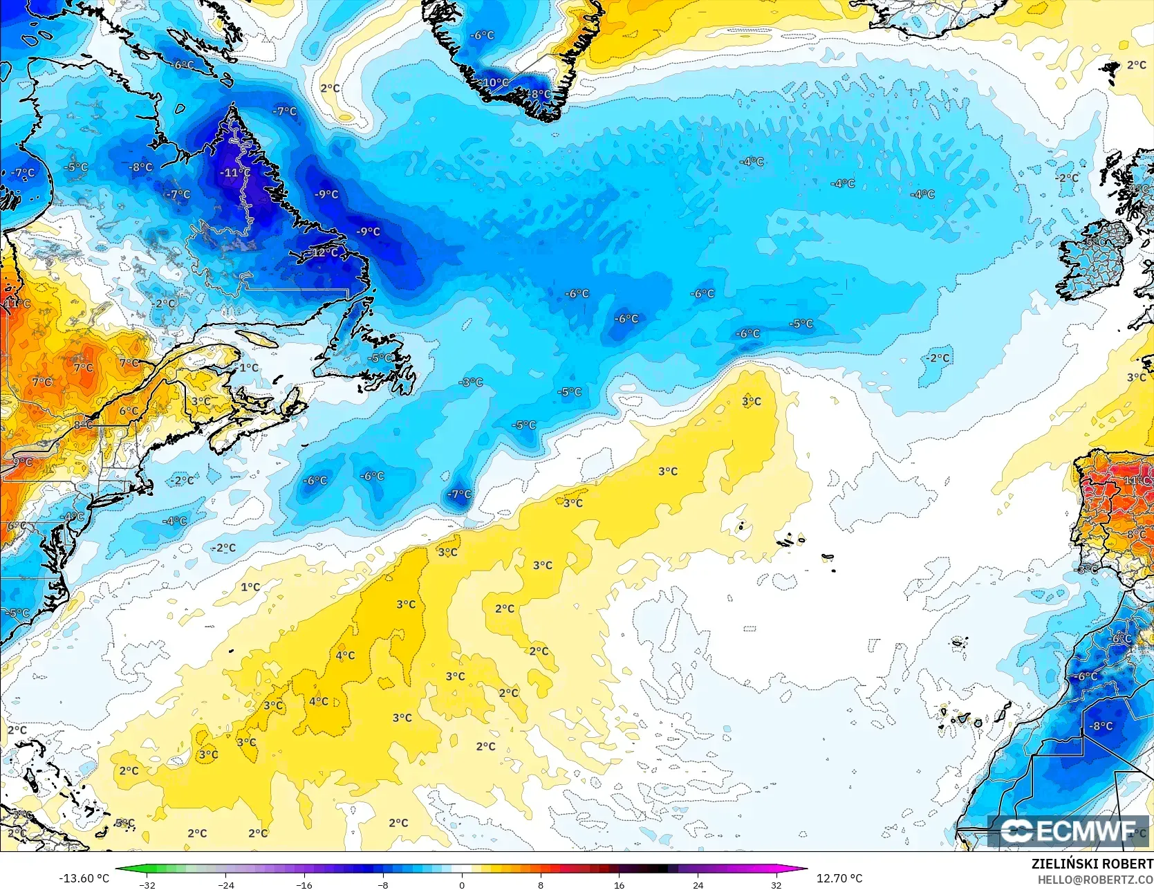 ECMWF IFS 0.25° model - Atlantik Utara, Anomali Suhu 2 m