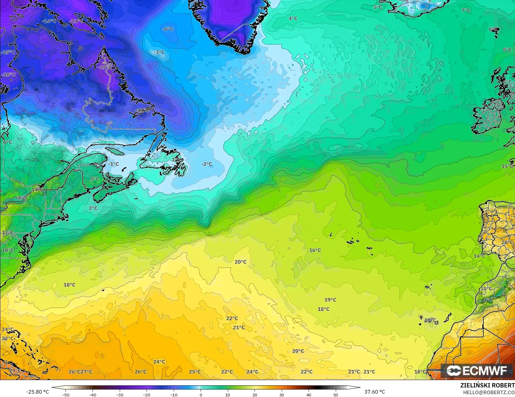 ECMWF IFS 0.25° modelo - North Atlantic, Temperature at 2m