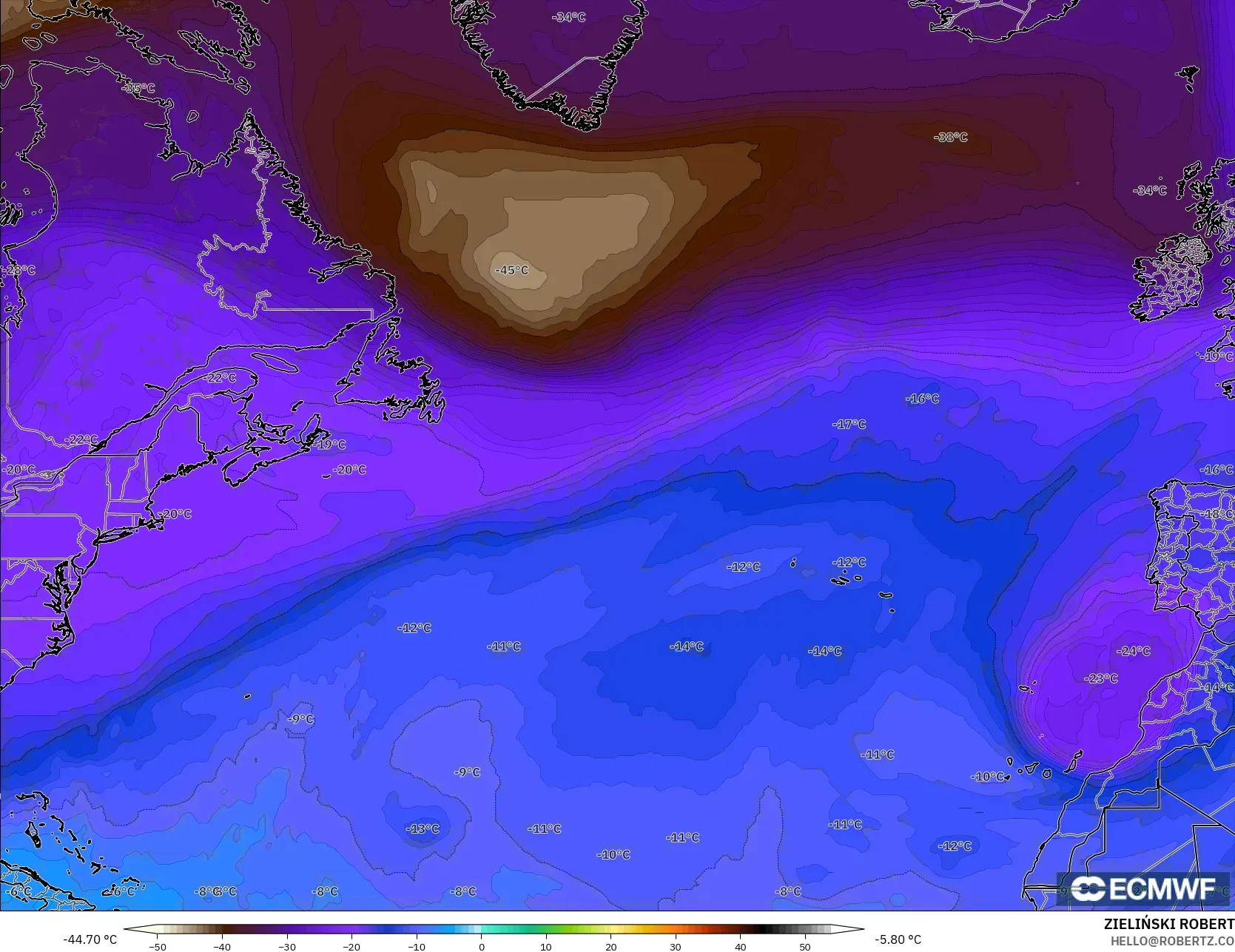 ECMWF IFS 0.25° model - Atlantik Utara, Suhu 500 hPa