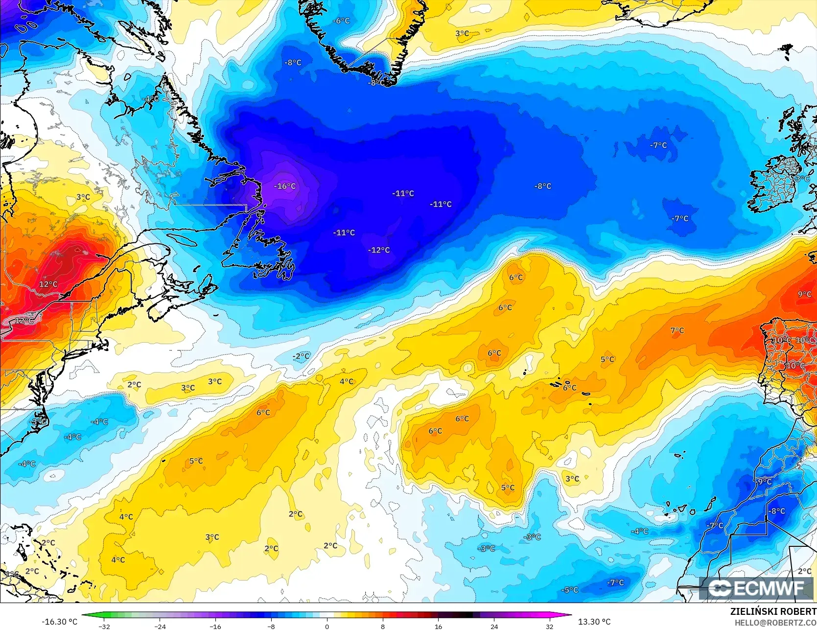 ECMWF IFS 0.25° modelo - North Atlantic, Temperature at 850hPa Anomaly