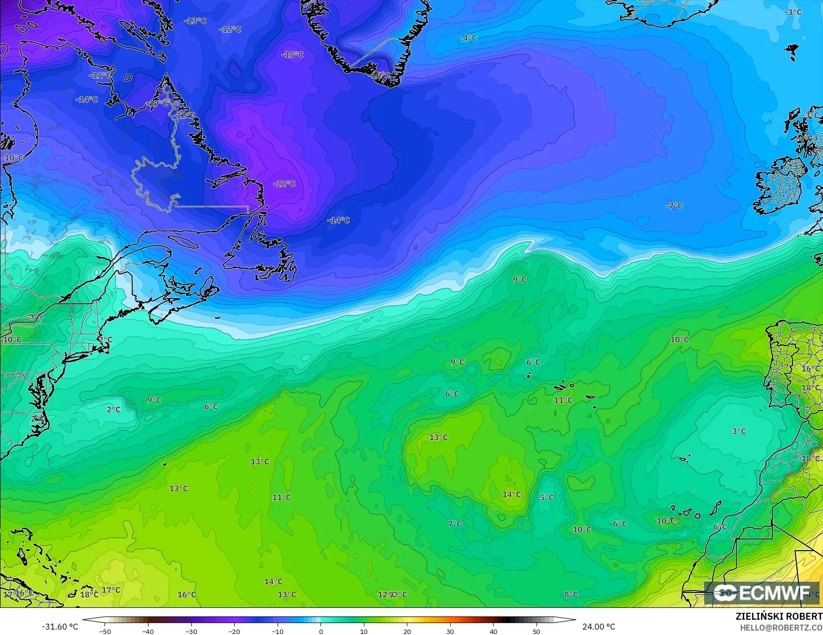 ECMWF IFS 0.25° model - Atlantik Utara, Suhu 850 hPa