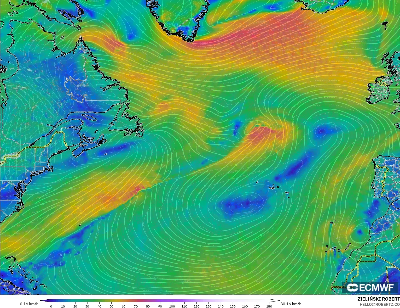 ECMWF IFS 0.25° model - Atlantik Utara, Angin 10 m