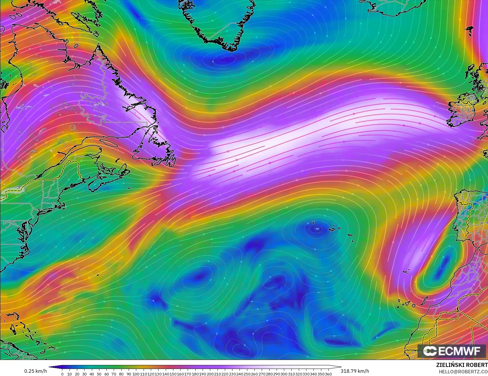 ECMWF IFS 0.25° modelo - North Atlantic, Wind at 300hPa (jet stream)