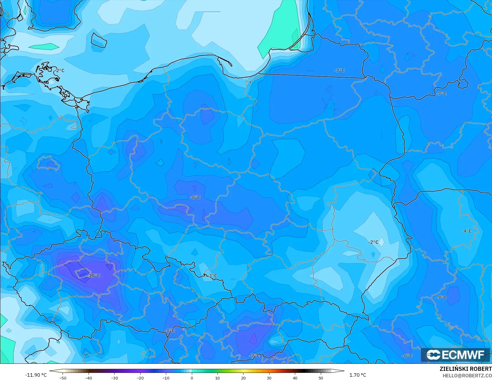 ECMWF IFS 0.25° modelo - Poland, Dewpoint at 2m