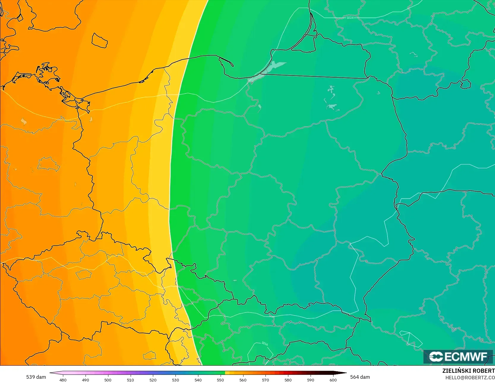 ECMWF IFS 0.25° model - Poland, Ketinggian geopotensial pada 500 hPa