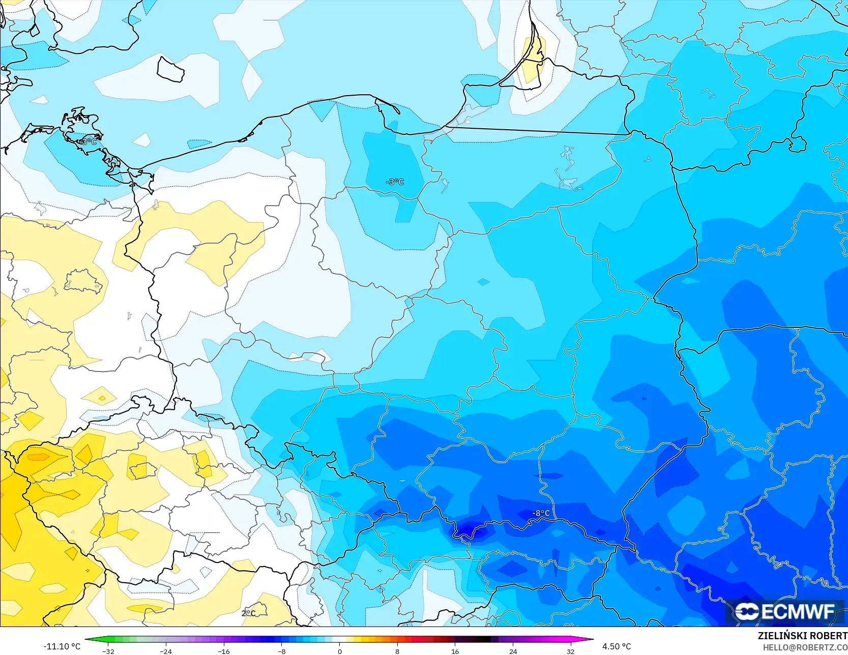ECMWF IFS 0.25° model - Poland, Anomali Suhu 2 m