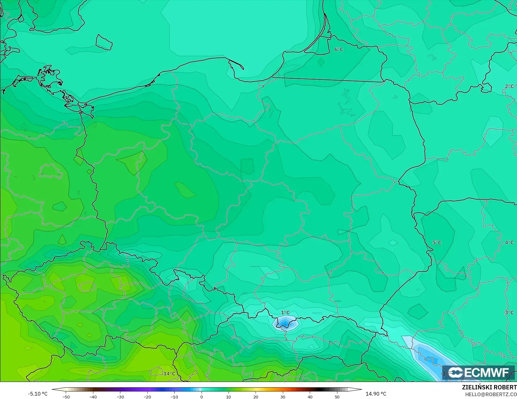 ECMWF IFS 0.25° modelo - Poland, Temperature at 2m