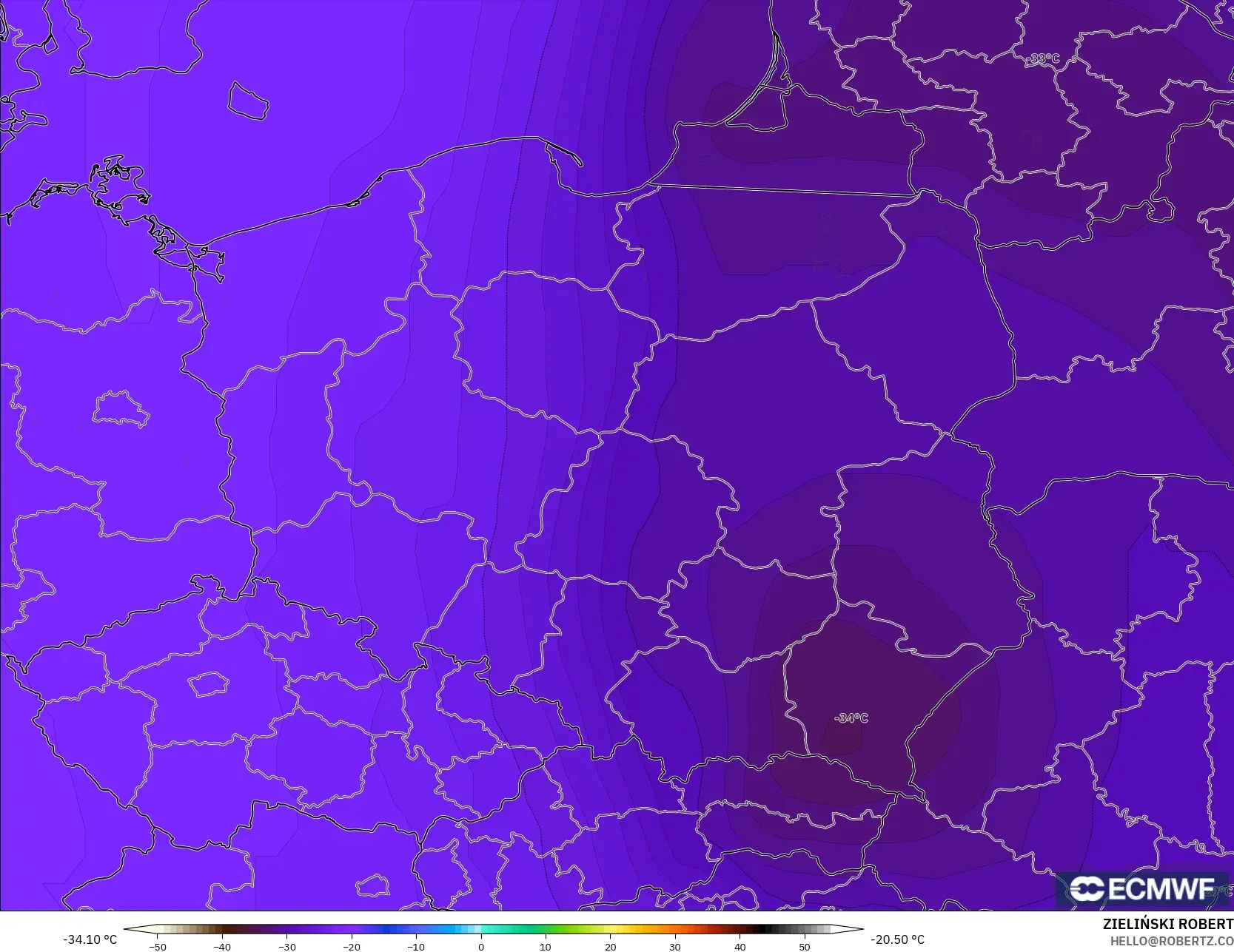 ECMWF IFS 0.25° model - Poland, Suhu 500 hPa