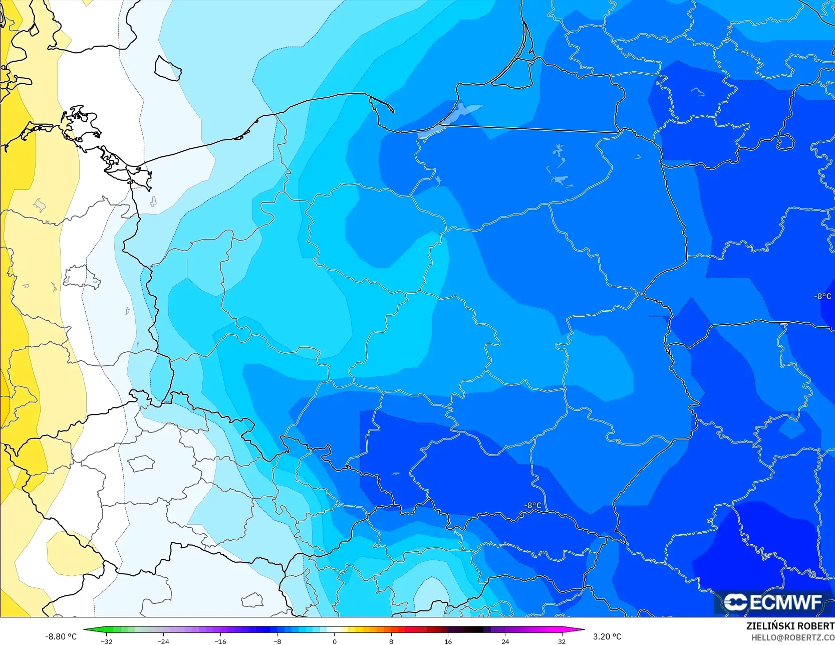 ECMWF IFS 0.25° model - Poland, Anomali Suhu 850 hPa