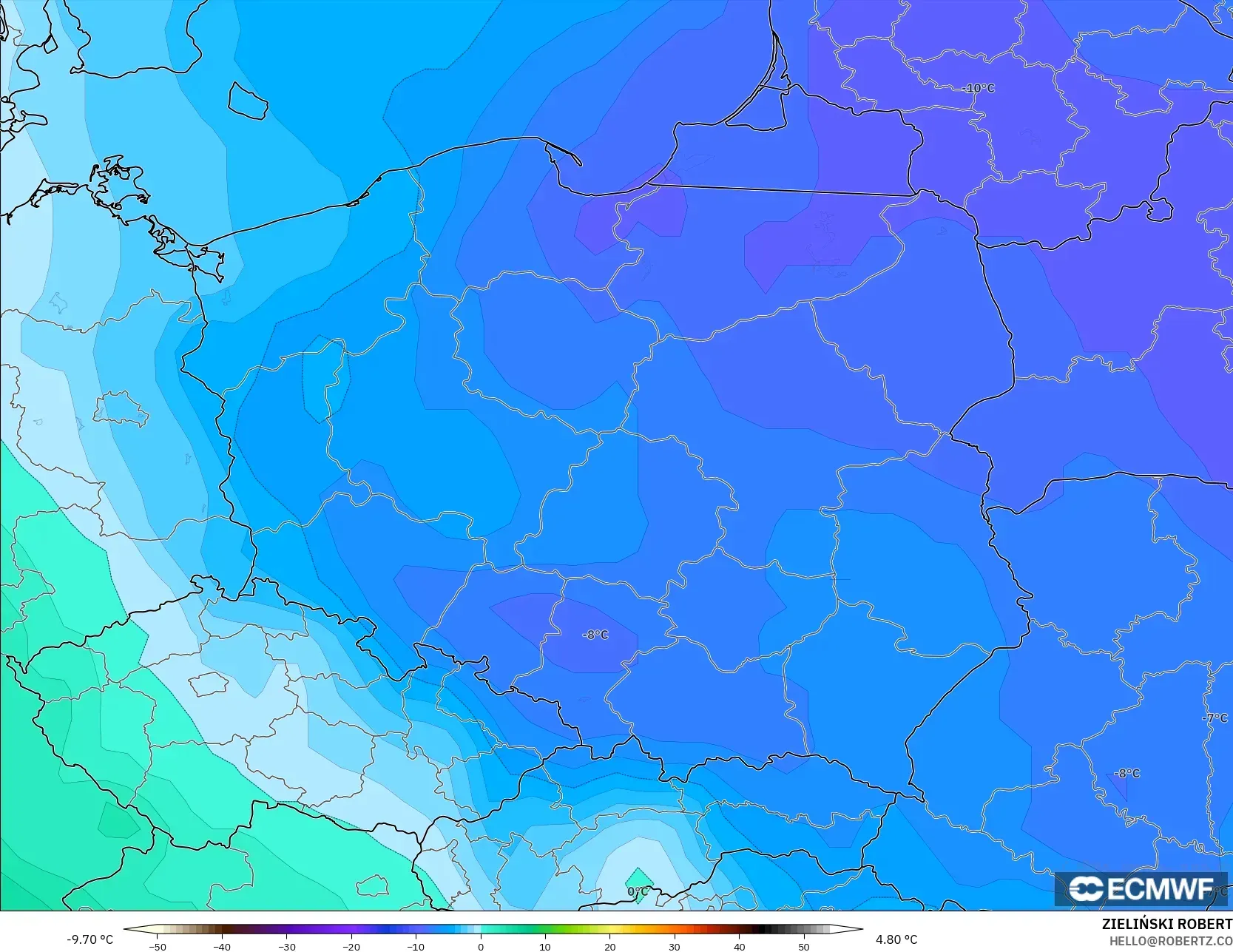 ECMWF IFS 0.25° model - Poland, Suhu 850 hPa