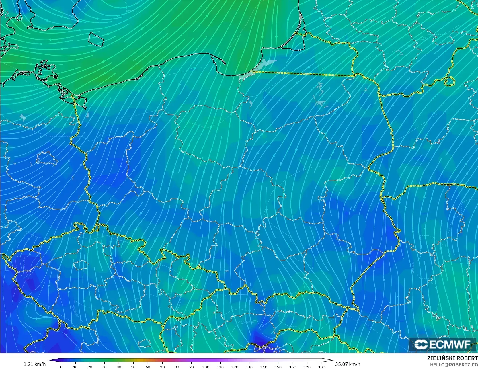 ECMWF IFS 0.25° modelo - Poland, Wind at 10m